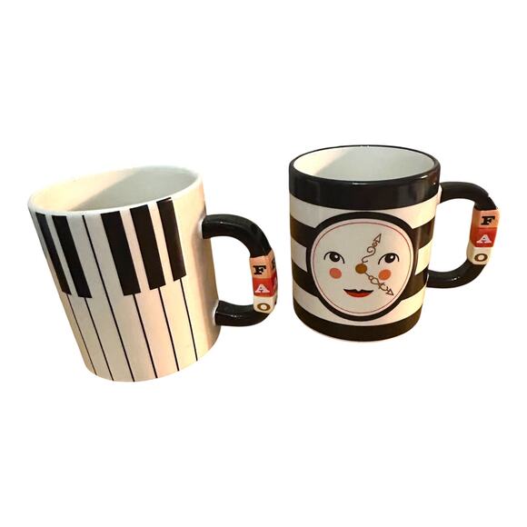 FAO Schwarz Collectible Mugs Set Piano Keys Clock Face Black and White Stripes - Picture 2 of 5